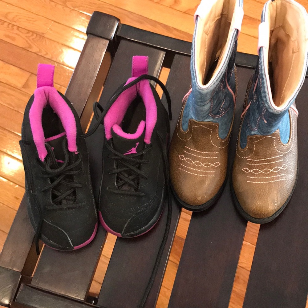 Purple and black Jordan’s brown and Blue boots